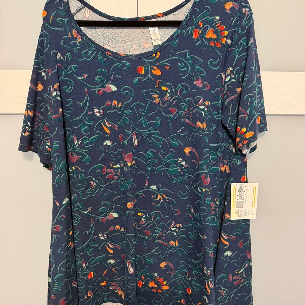 LuLaRoe Perfect T XL Navy Floral Short Sleeve Top Blue Green Orange NWT